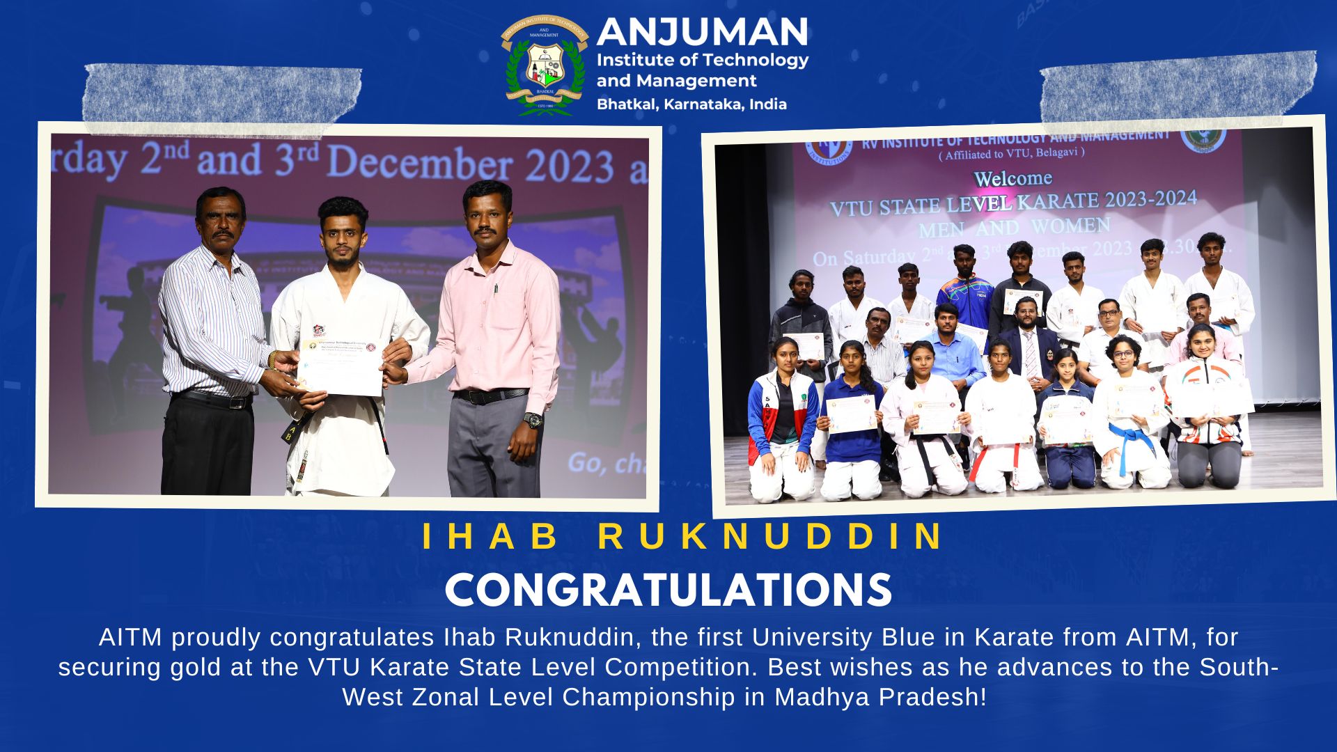 Bhatkal: Anjuman AITM's Ihab Ruknuddin Clinches Gold and Makes History as First University Blue in Karate